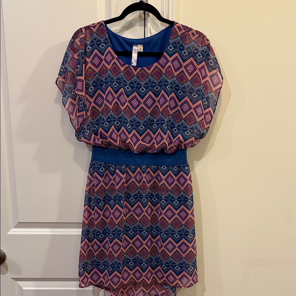 Geometric Patterned Dress in Blue, Pink, & Orange